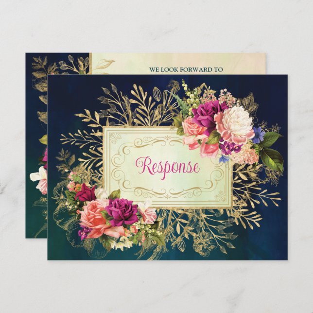 Teal, Navy, Green, Gold Bold Florals Wedding RSVP Card (Front/Back)