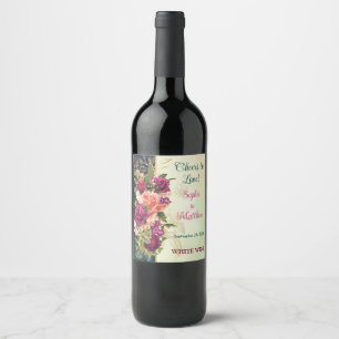 Teal, Navy, Green, Gold Bold Florals Wedding Wine Label