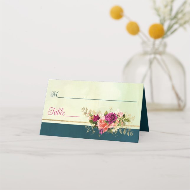 Teal, Navy, Green, Gold Florals Wedding Place Card (Front)