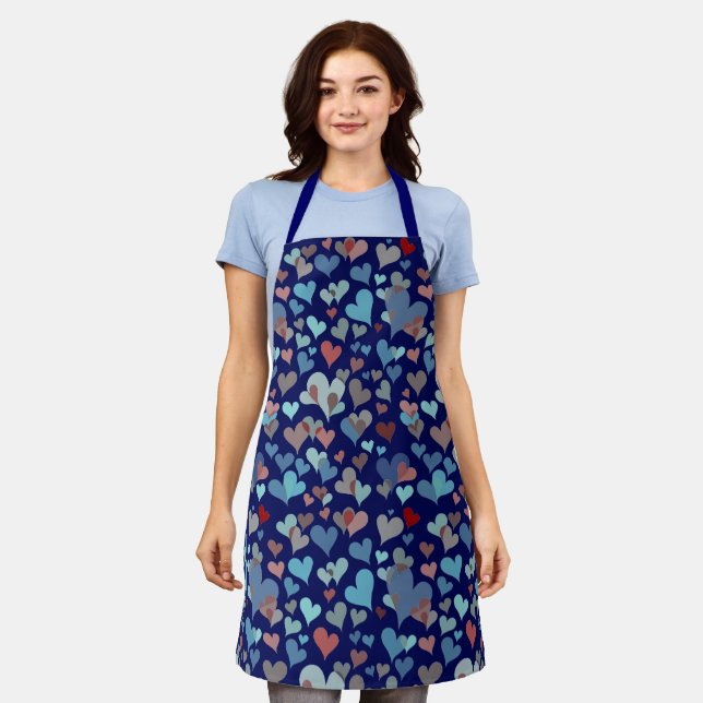 Teal & Navy Heart Pattern Dark Cute Cheerful Girly Apron (Worn)