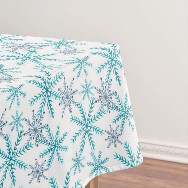 Teal Navy Snowflake Pattern Holiday Tablecloth (In Situ)