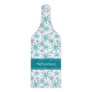 Teal Navy Snowflake Pattern Personalized Cutting Board
