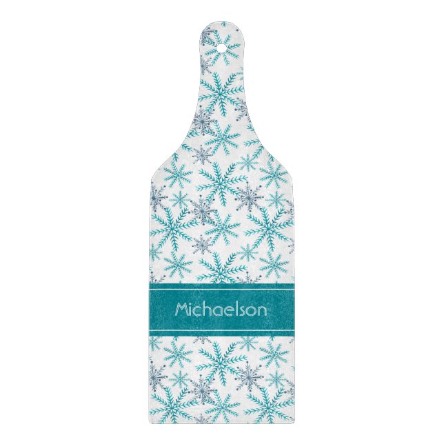 Teal Navy Snowflake Pattern Personalized Cutting Board (Front)