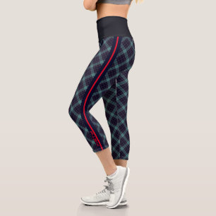 Teal Navy Sporty Plaid Pattern Tartan Sport Name Capri Leggings