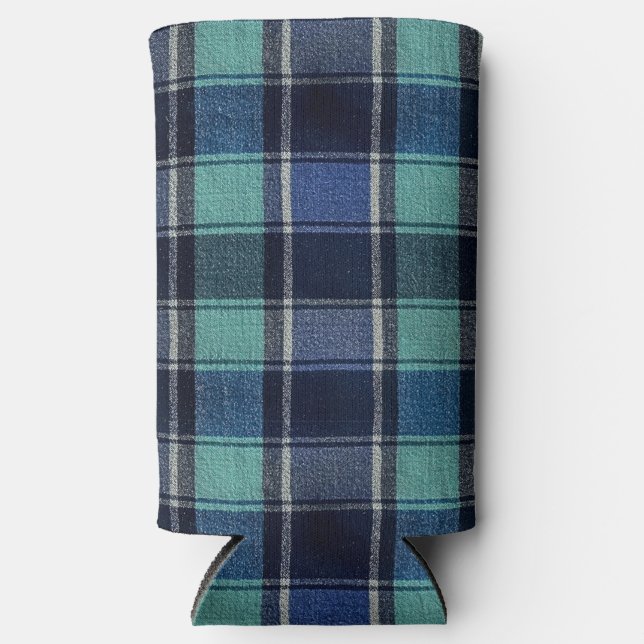 Teal & Navy Tartan Plaid Can or Bottle Cooler (Front)