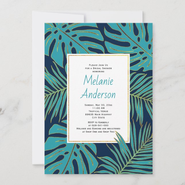 Teal, navy tropical leaves wedding bridal shower invitation (Front)