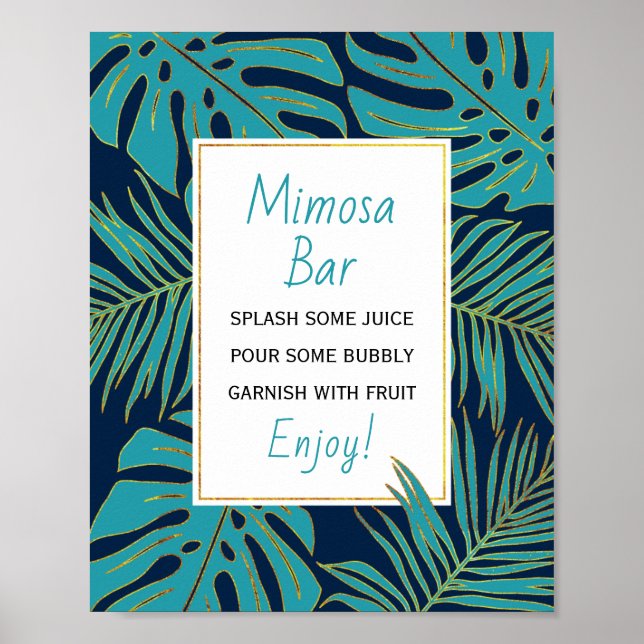 Teal, navy tropical leaves wedding bridal shower poster (Front)