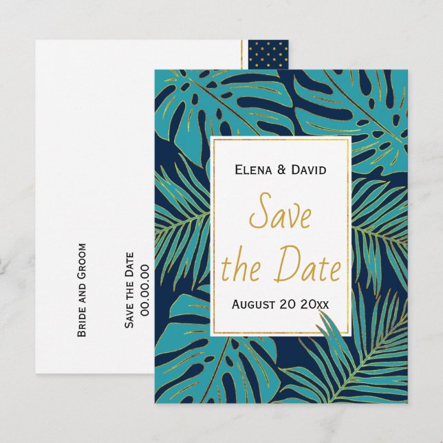 Teal, navy tropical leaves wedding Save the Date Announcement Postcard (Front/Back)