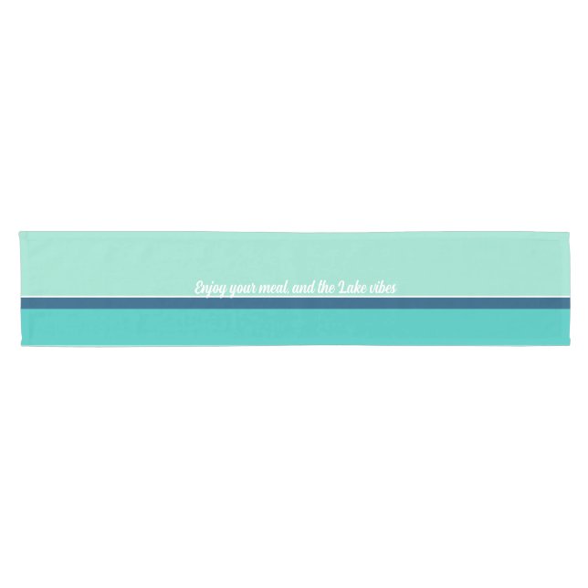 Teal navy white striped custom text coastal short table runner (Horizontal)