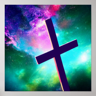 Teal Nebula with Cross Spacescape Poster