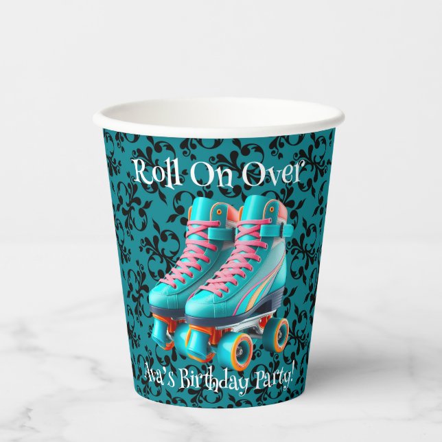 Teal Neon Rollerskate Birthday Party Paper Cups (Front)
