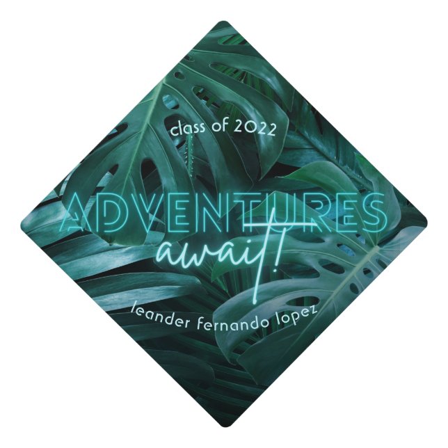 Teal Neon Tropical Leaves Graduation Cap Topper (Front)