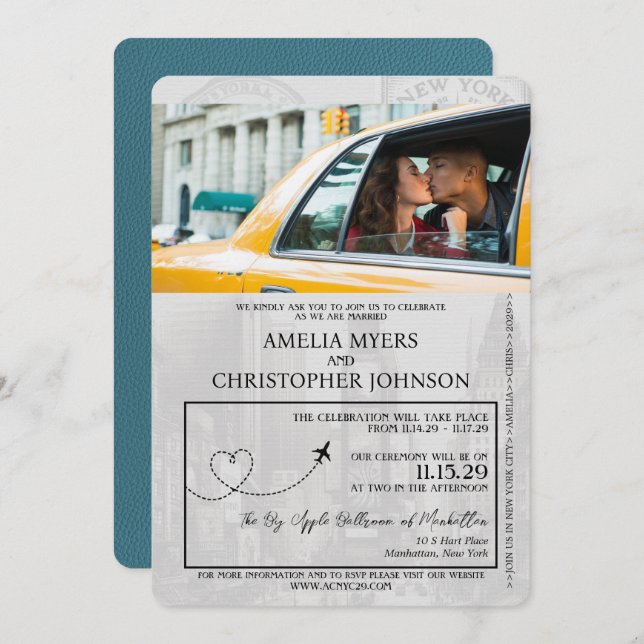 Teal New York City Passport Wedding Invitation (Front/Back)