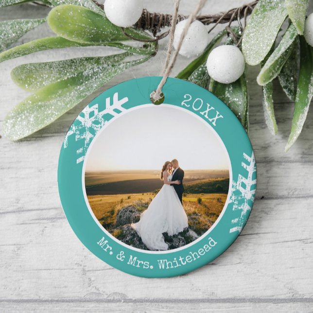 Teal Newlywed Snowflake 1st Christmas Ceramic Ornament (Rustic snowflake newlywed holiday keepsake photo ornament perfect for gifts to bring joy to others.)