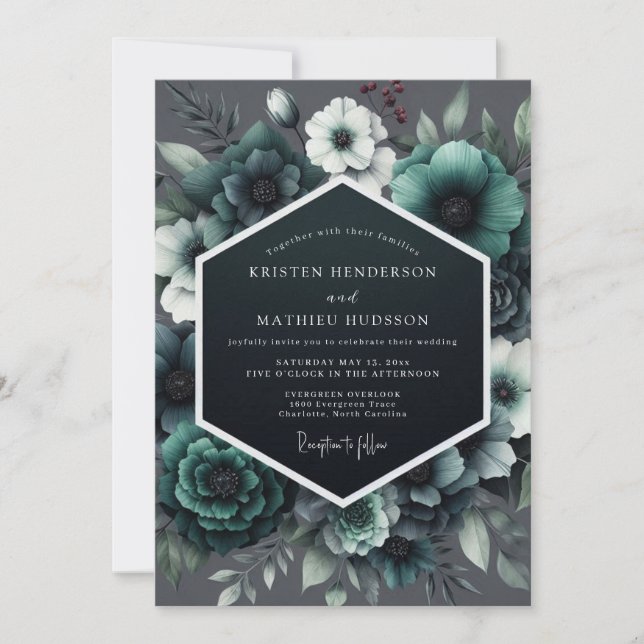 Teal Noir Anemone Wedding Invitation (Front)