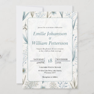 Teal Nordic Floral Wedding Elegant Minimal Invitation