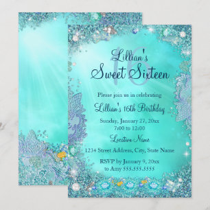 Teal Ocean Jewel Sweet 16 Birthday Party 2 Invitation