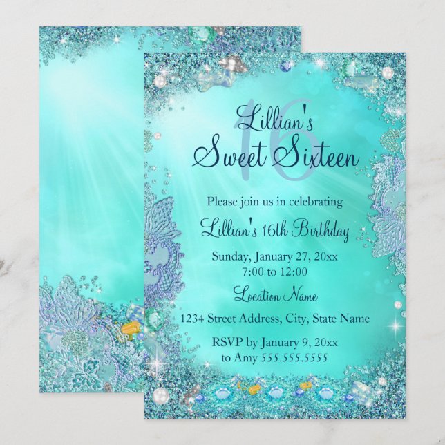 Teal Ocean Jewel Sweet 16 Birthday Party 2 Invitation (Front/Back)