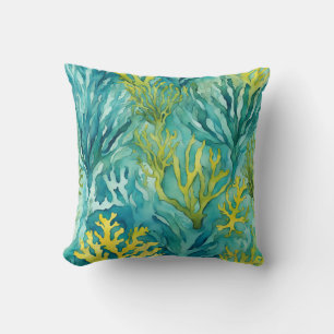  Teal Ocean Seaweed Coral Beachy Nautical  Throw Pillow
