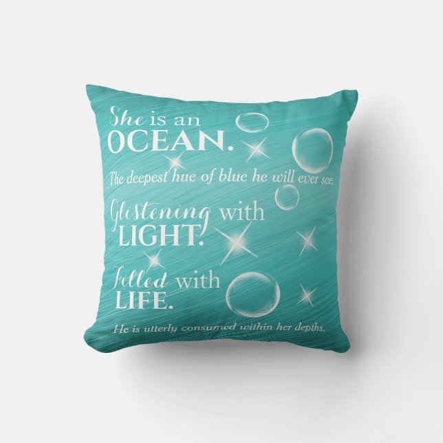 Teal Ocean Themed Poem With White Typography Throw Pillow (Front)
