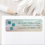 Teal Ocean Tropical Christmas Return Address<br><div class="desc">Return address labels with a tropical Christmas theme.  Ocean water and beach sand background image with hanging ball ornaments in pretty teal colour.  Printed text is aligned to the right.  Print three or four name and address lines.  Remove the ornaments if needed.</div>