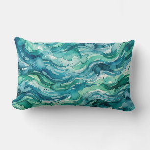 Teal Ocean Watercolor Abstract Pattern Lumbar Pillow