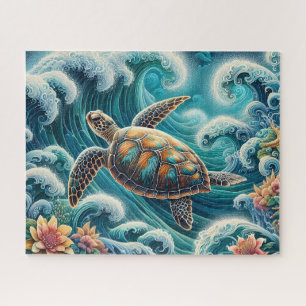 Teal Ocean Wave With  Turtle Jigsaw Puzzle
