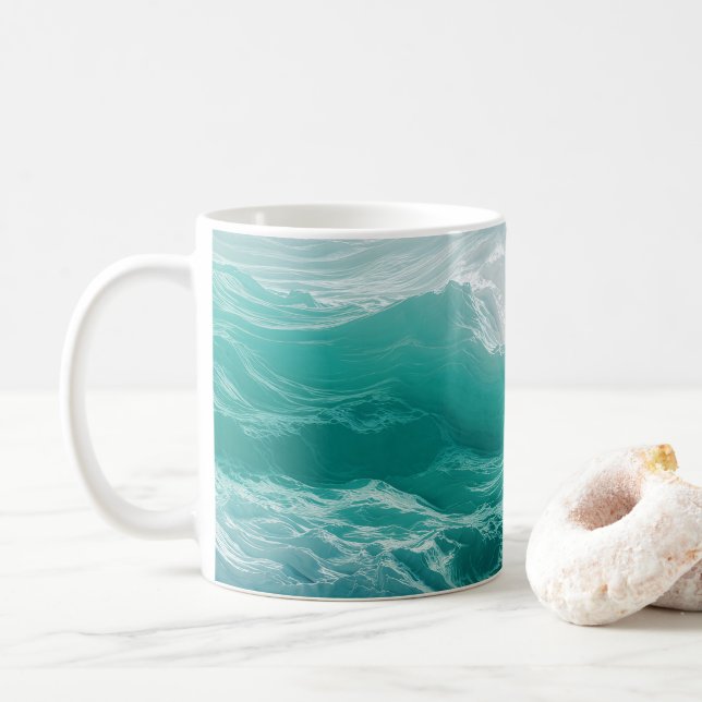 Teal Ocean Waves Abstract Dream  Coffee Mug (With Donut)