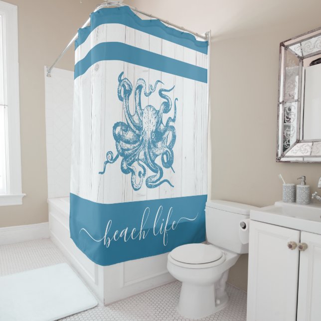 Teal octopus beach life script white rustic wood (In Situ)