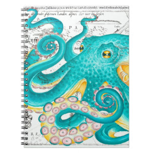 Teal Octopus Nautical Map Watercolor Notebook