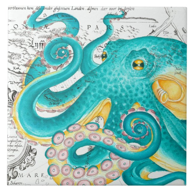 Teal Octopus Nautical Map Watercolor Tile (Front)