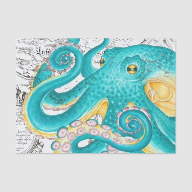 Teal Octopus Nautical Map Watercolor Tissue Paper (Front)