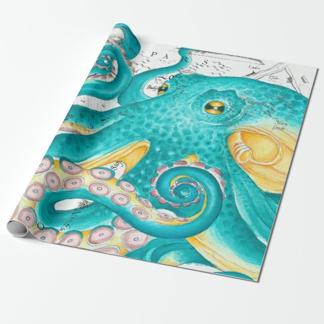 Teal Octopus Nautical Map Watercolor Wrapping Paper (Unrolled)