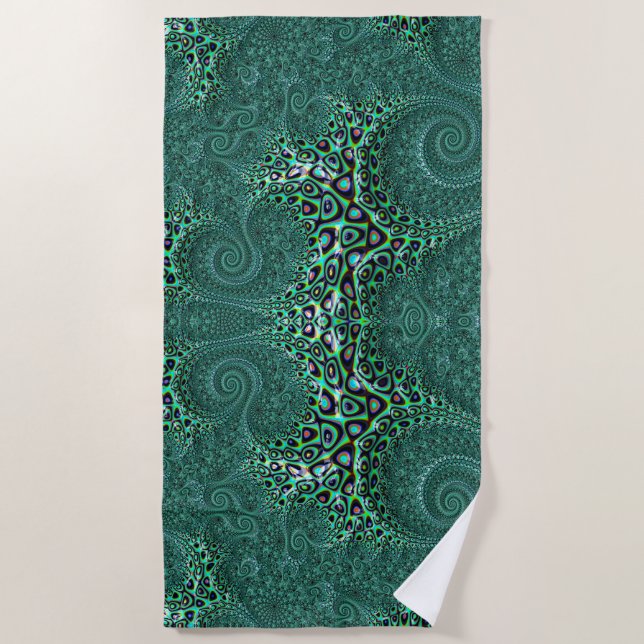 Teal Octopus Spiralling Tentacles Fractal Abstract Beach Towel (Front)