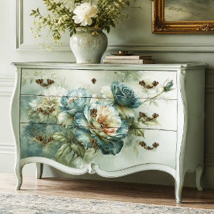 Teal Oil Paint Blue Rose Branch Decoupage Tissue Paper