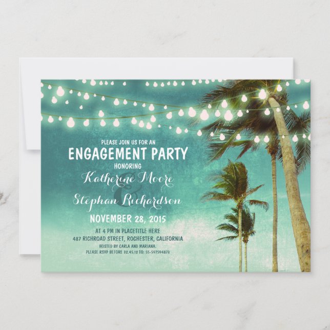 teal ombre beach engagement party string lights invitation (Front)