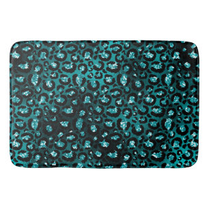 Teal Ombre & Black Glam Glitter Leopard Spots Bath Mat