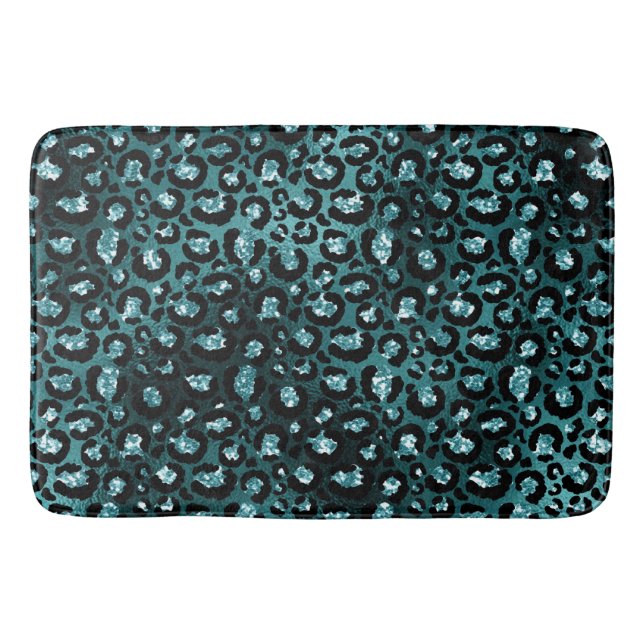 Teal Ombre & Black Glam Glitter Leopard Spots Bath Mat (Front)