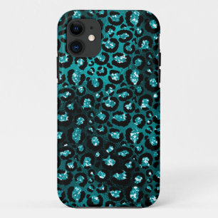 Teal Ombre & Black Glam Glitter Leopard Spots iPhone 11 Case