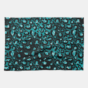 Teal Ombre & Black Glam Glitter Leopard Spots Kitchen Towel