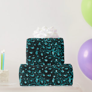 Teal Ombre & Black Glam Glitter Leopard Spots Wrapping Paper