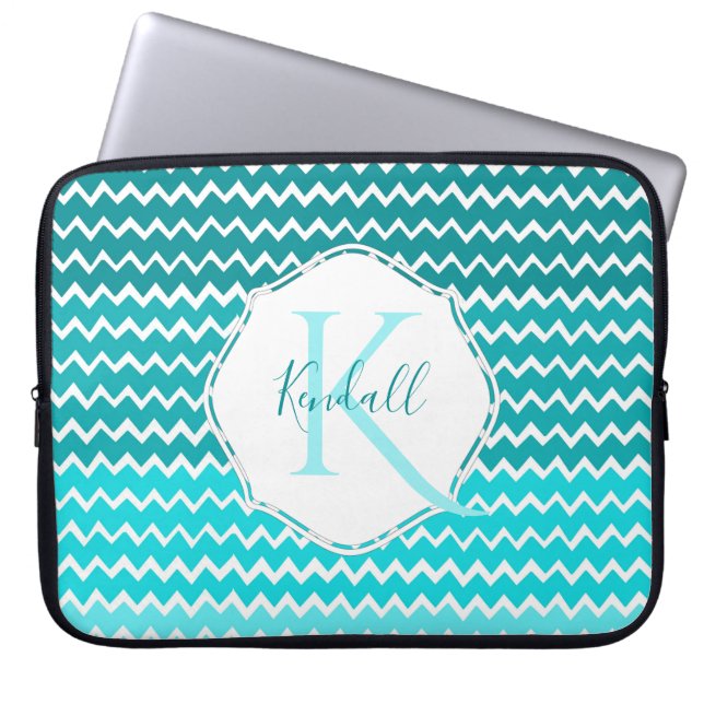 Teal Ombre Chevron Personalized Laptop Sleeve (Front)