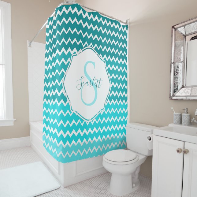 Teal Ombre Chevron Personalized Shower Curtain (In Situ)