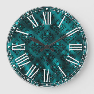 Teal Ombre Glam Glitter Damask Pattern Large Clock