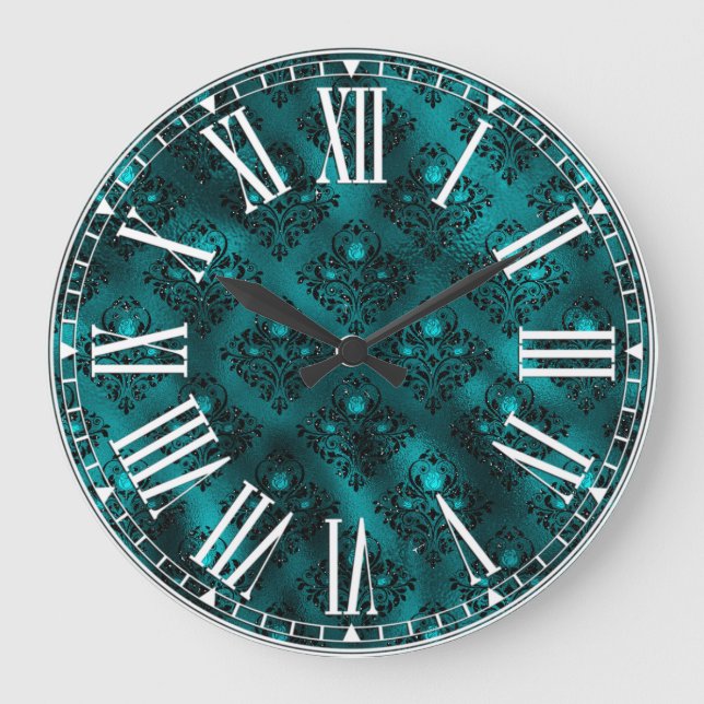 Teal Ombre Glam Glitter Damask Pattern Large Clock (Front)