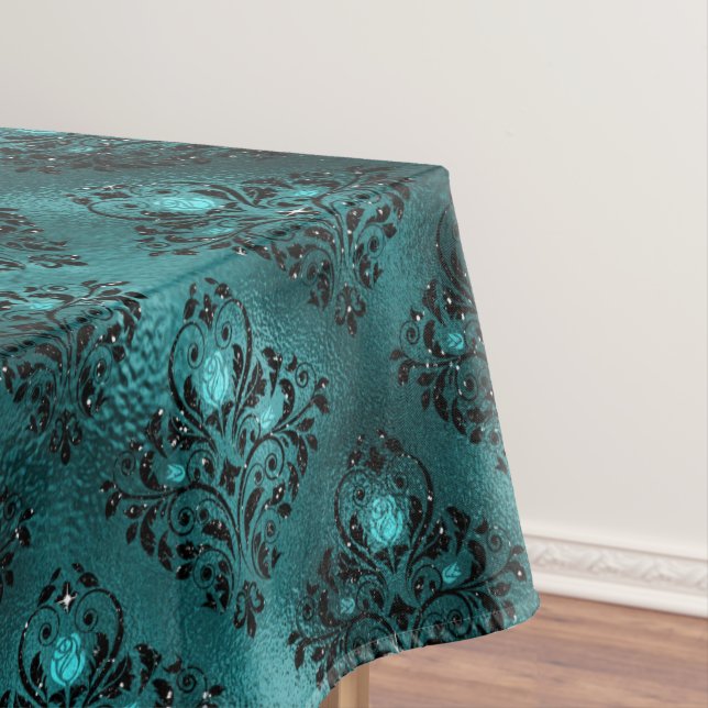 Teal Ombre Glam Glitter Damask Pattern Tablecloth (In Situ)