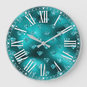 Teal Ombre Glam Glitter Diamonds Pattern Large Clock