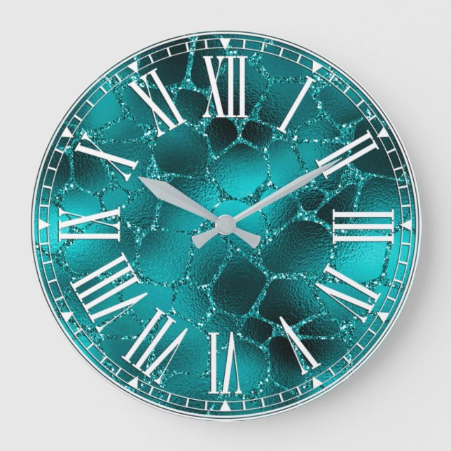 Teal Ombre Glam Glitter Giraffe Spots Pattern Large Clock (Front)