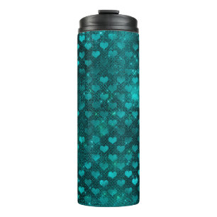 Teal Ombre Glam Glitter Hearts Pattern Thermal Tumbler