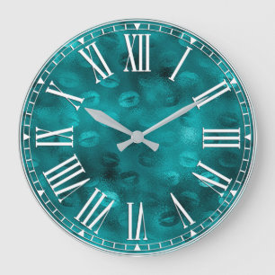 Teal Ombre Glam Glitter Lips Pattern Large Clock
